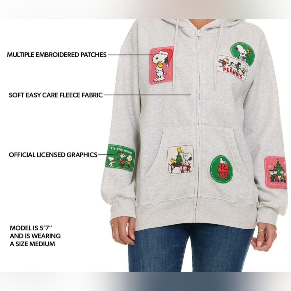 Peanuts Gray Zip Up XL Hoodie Jacket Snoopy Friends Christmas Patches Womens - Picture 3 of 7